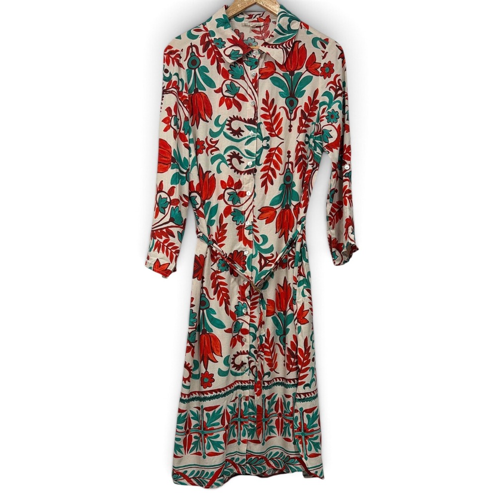 Anthropologie Fig + Flower Women Red Teal Floral Rayon Roll Tab Shirt Dress Lg.